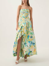 Elegant Tube Top Violette Printed Bubble Hem Maxi Dress